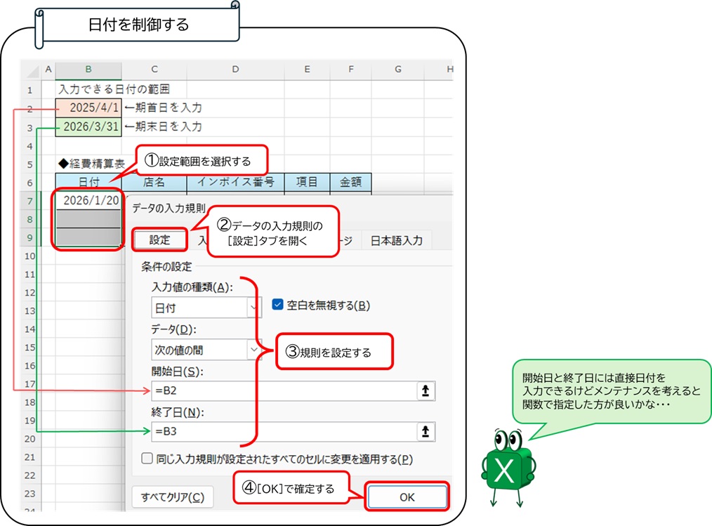 データの入力規則で日付の入力制限をする方法